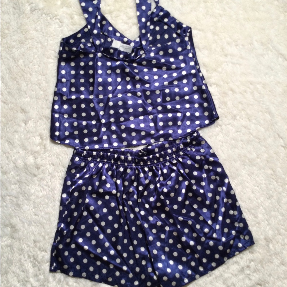 🌀2XHP!🌀VINTAGE | Satin Blue Silver Polka Dot PJs - Picture 5 of 12